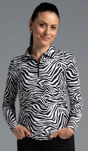 IBKUL Cecilia Print Adjustable Length Long Sleeve Polo (Multiple Colors)