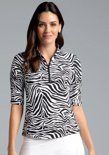 IBKUL Cecilia Print Ruched Elbow Sleeve Top (Multiple Colors)