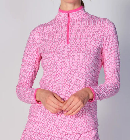 G Lifestyle SPRING Color Block Trim Quarter Zip Long Sleeve Top In Cubic Pink