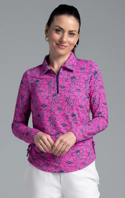 IBKUL Diana Print Adjustable Length Long Sleeve Polo (Multiple Colors)