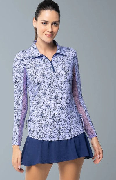 IBKUL Diana Print Adjustable Length Long Sleeve Polo (Multiple Colors)