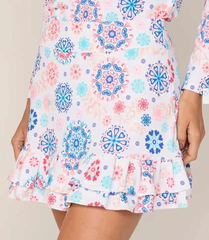 G Lifestyle Double Ruffle 15" Skirt in Coral Medallion