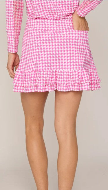G Lifestyle Double Ruffle 15" Skirt in Pink Houndstooth