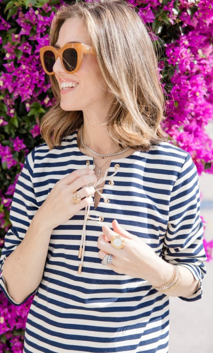 Duffield Lane French Terry Teddy Dress in Navy & White Stripe