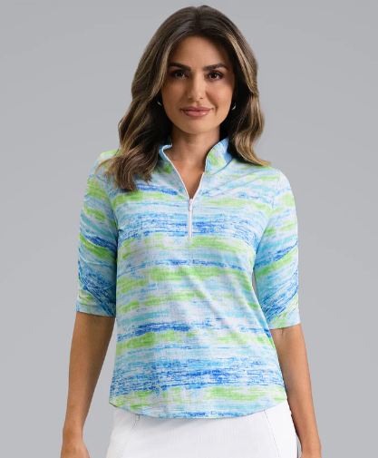 IBKUL Gia Ruched Elbow Sleeve Mandarin Collar Top (Multiple Colors)