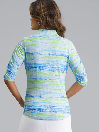 IBKUL Gia Ruched Elbow Sleeve Mandarin Collar Top (Multiple Colors)