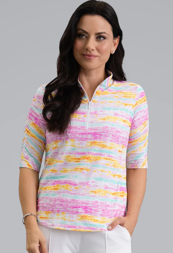 IBKUL Gia Ruched Elbow Sleeve Mandarin Collar Top (Multiple Colors)