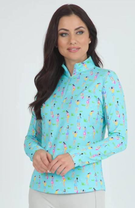 IBKUL Girls Golf Print Long Sleeve Mock Neck Top (Multiple Colors)