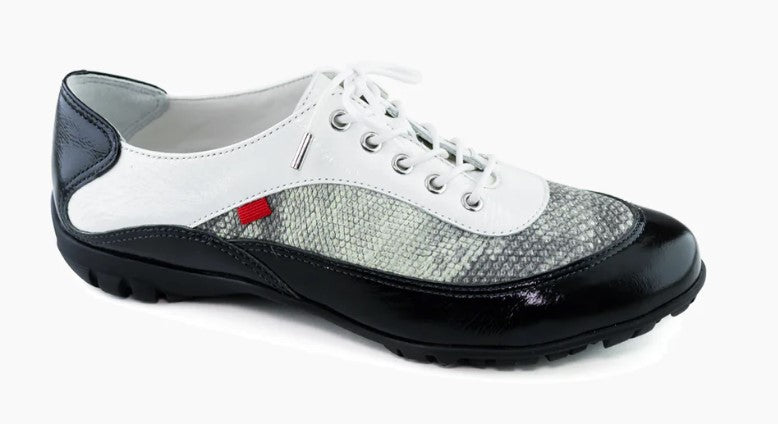 Marc Joseph Hampton Golf Shoe in Black Stained Patent & Lizard