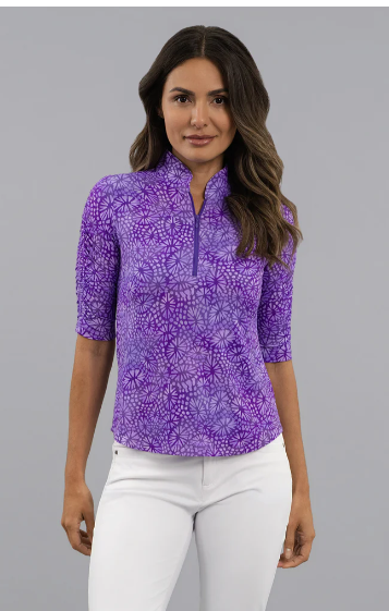 IBKUL Gladis Rushed Elbow Sleeve Mandarin Collar Top (Multiple Colors)