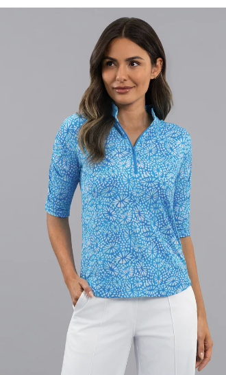 IBKUL Gladis Rushed Elbow Sleeve Mandarin Collar Top (Multiple Colors)