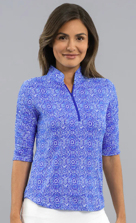 IBKUL Amani Rushed Elbow Sleeve Mandarin Collar Top (Multiple Colors)
