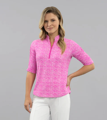 IBKUL Amani Rushed Elbow Sleeve Mandarin Collar Top (Multiple Colors)
