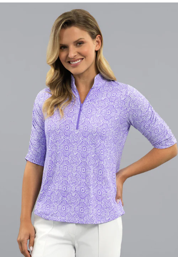 IBKUL Amani Rushed Elbow Sleeve Mandarin Collar Top (Multiple Colors)
