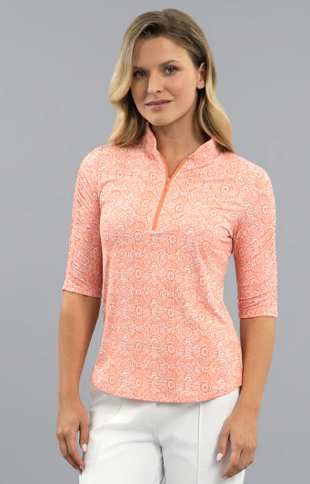 IBKUL Amani Rushed Elbow Sleeve Mandarin Collar Top (Multiple Colors)