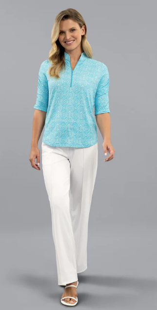 IBKUL Amani Rushed Elbow Sleeve Mandarin Collar Top (Multiple Colors)