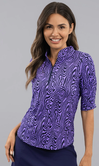 IBKUL Courtney Rushed Elbow Sleeve Mandarin Collar Top (Multiple Colors)