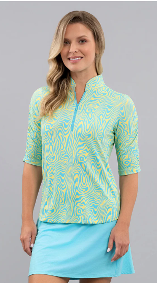 IBKUL Courtney Rushed Elbow Sleeve Mandarin Collar Top (Multiple Colors)