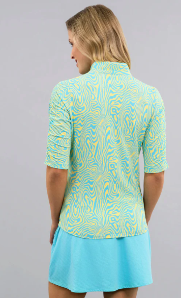IBKUL Courtney Rushed Elbow Sleeve Mandarin Collar Top (Multiple Colors)