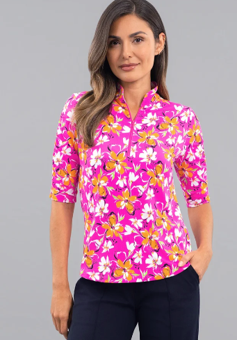 IBKUL Eleanor Ruched Elbow Sleeve Mandarin Collar Top (Multiple Colors)