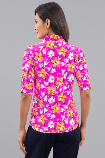 IBKUL Eleanor Ruched Elbow Sleeve Mandarin Collar Top (Multiple Colors)