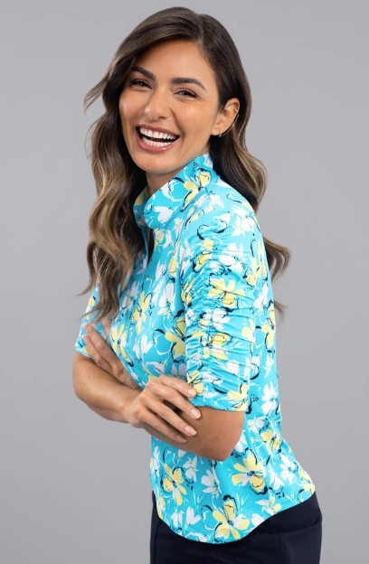 IBKUL Eleanor Ruched Elbow Sleeve Mandarin Collar Top (Multiple Colors)