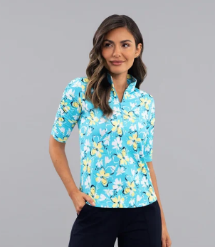 IBKUL Eleanor Ruched Elbow Sleeve Mandarin Collar Top (Multiple Colors)