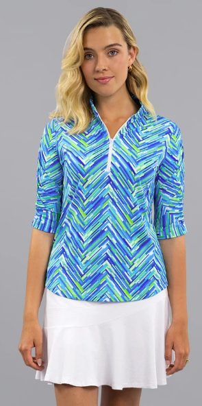 IBKUL Robin Ruched Elbow Sleeve Mandarin Collar Top (Multiple Colors)