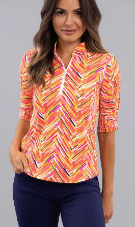 IBKUL Robin Ruched Elbow Sleeve Mandarin Collar Top (Multiple Colors)