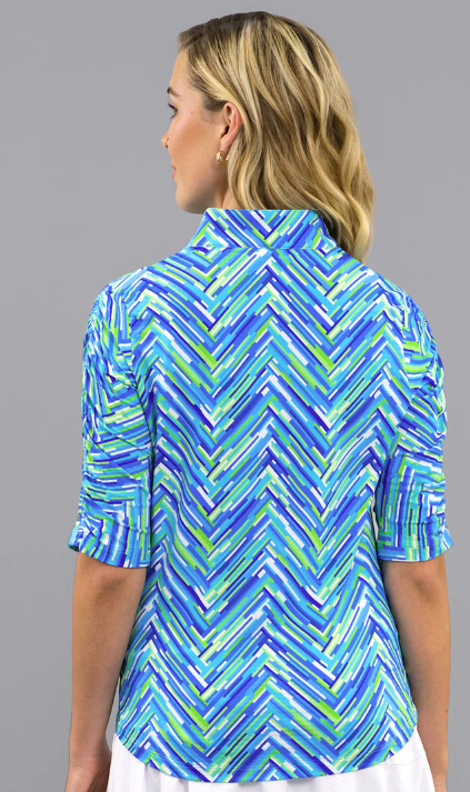 IBKUL Robin Ruched Elbow Sleeve Mandarin Collar Top (Multiple Colors)