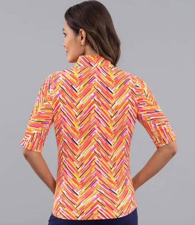 IBKUL Robin Ruched Elbow Sleeve Mandarin Collar Top (Multiple Colors)