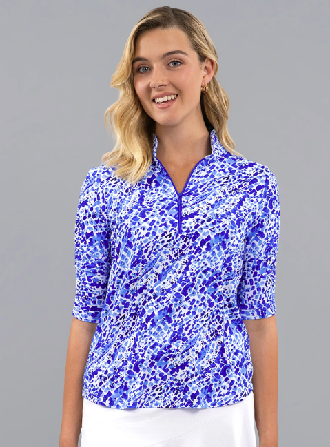 IBKUL Yesenia Rushed Elbow Sleeve Mandarin Collar Top (Multiple Colors)