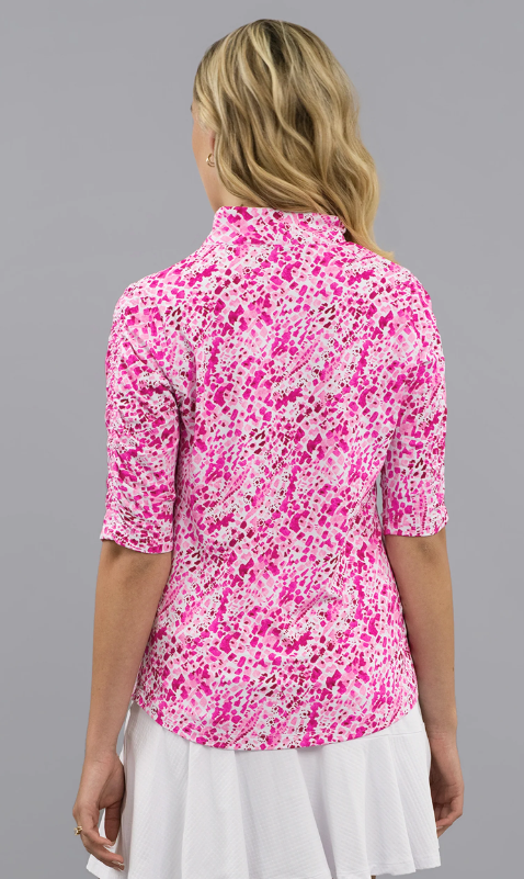 IBKUL Yesenia Rushed Elbow Sleeve Mandarin Collar Top (Multiple Colors)