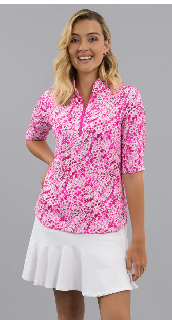 IBKUL Yesenia Rushed Elbow Sleeve Mandarin Collar Top (Multiple Colors)
