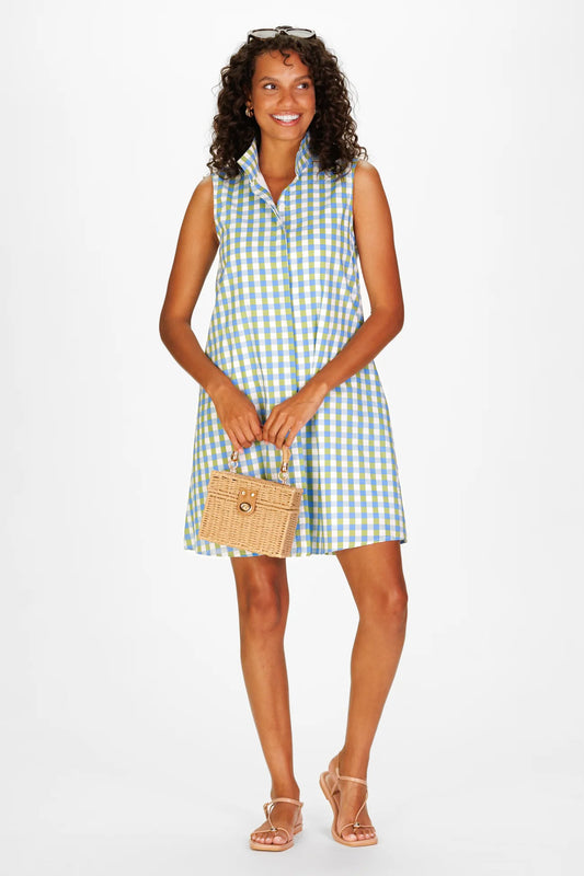 Duffield Lane Sleeveless Jan Dress in Green & Blue Gingham