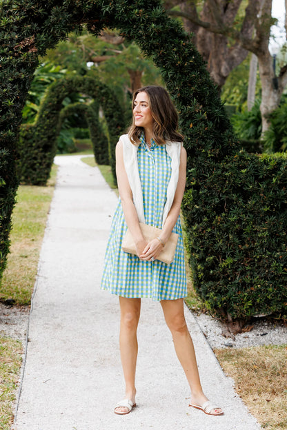 Duffield Lane Sleeveless Jan Dress in Green & Blue Gingham
