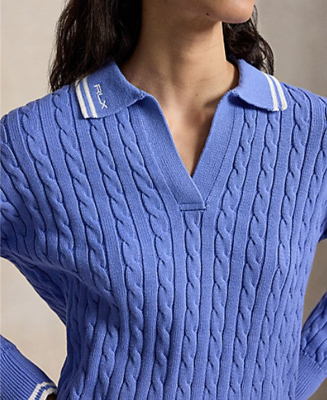 Ralph Lauren RLX LONG-SLEEVE COTTON BLEND CABLE KNIT OPEN PLACKET COLLARED SWEATER