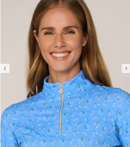 G Lifestyle Long Sleeve Zip Mock Neck Top in Bt. Peri Bouquet
