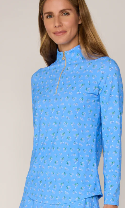 G Lifestyle Long Sleeve Zip Mock Neck Top in Bt. Peri Bouquet