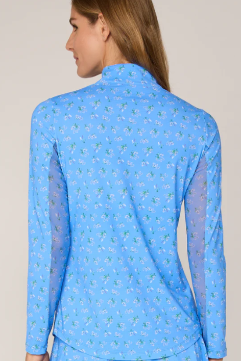 G Lifestyle Long Sleeve Zip Mock Neck Top in Bt. Peri Bouquet