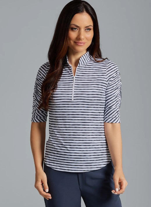 IBKUL Landon Stripe II Print Ruched Elbow Sleeve Top (Multiple Colors)