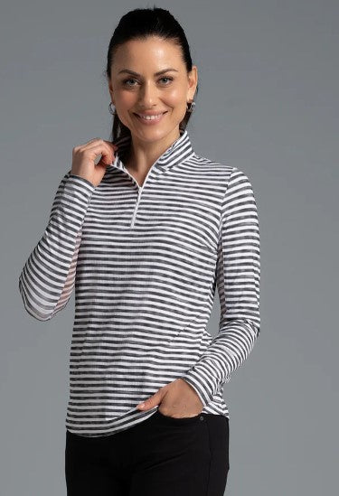 IBKUL Landon Stripe II Print Long Sleeve Mock Neck Top (Multiple Colors)