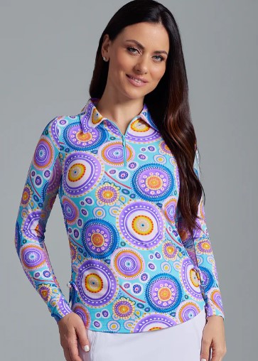 IBKUL Leona Print Adjustable Length Long Sleeve Polo (Multiple Colors)