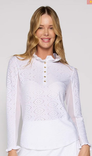 G Lifestyle Long Sleeve Ruffle Top with Gold Buttons White Eyelet