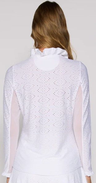 G Lifestyle Long Sleeve Ruffle Top with Gold Buttons White Eyelet