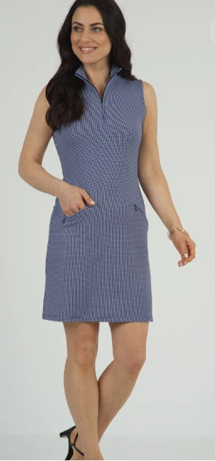 IBKUL Mini Check Print Sleeveless Mock Dress (Multiple Colors)