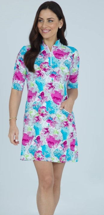 IBKUL Paddy Print Ruched Elbow Length Sleeve Dress (Multiple Colors)