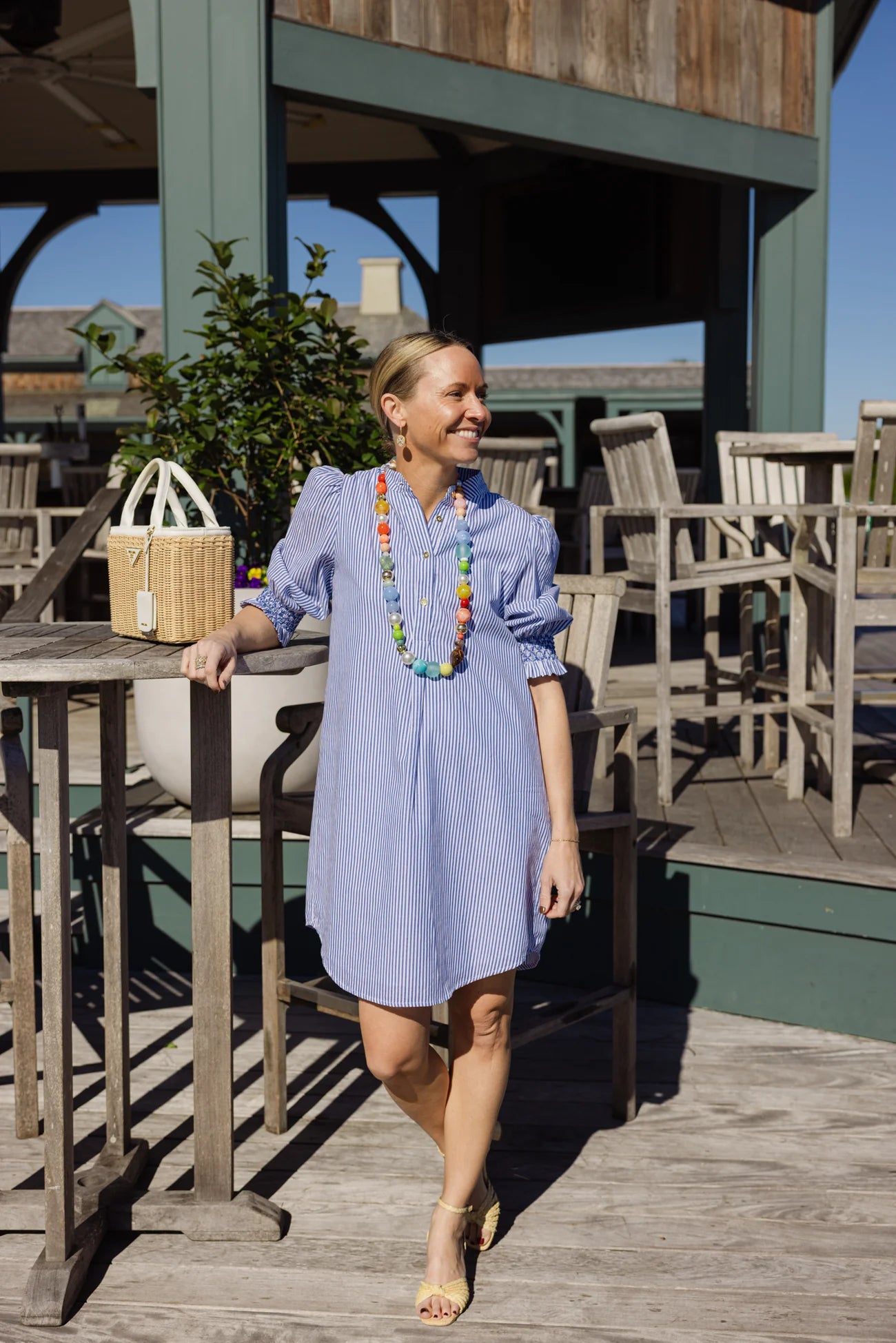 Duffield Lane Percy Popover 3/4 Sleeve Dress 35.5" in Navy & White Stripe