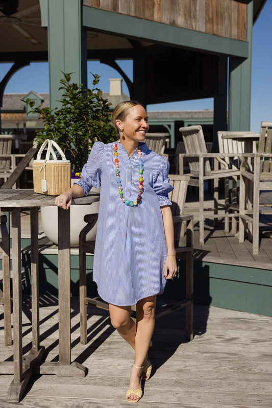 Duffield Lane Percy Popover 3/4 Sleeve Dress 35.5" in Navy & White Stripe