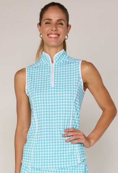 G Lifestyle Sleeveless PIPING MOCK NECK TOP in Car. Turq. Houndstooth